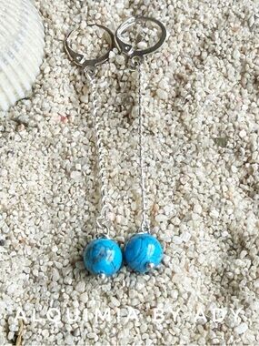 LONG Silver Drop Earrings with SLEEPING BEAUTY Turquoise Blue Beads